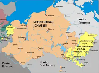 The Principality of Ratzeburg (left-hand yellow territory) within the Duchy of Mecklenburg