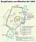 Map of the Burgfrieden (castle precincts) of Munich, green line 1846 to 1852