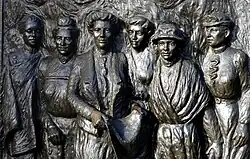 Close up on the Kate Sheppard National Memorial, a bronze bas-relief sculpture