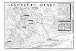 Topographic map showing the location of the Erie, Jumbo, Mother Lode, Bonanza and Glacier Mines in relation to Kennecott. Note the aerial tramways and haulage tunnels.