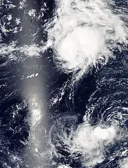 Satellite image of two systems on August 25: Hurricane Loke to the north and the weaker Tropical Depression Kilo to the south
