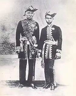 King Mongkut with Prince Chulalongkorn, both in western style court uniforms, c. 1868.