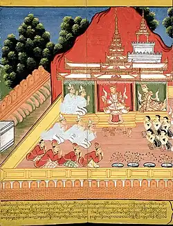 Kneeling figures sitting around a throne with a king and queen on it