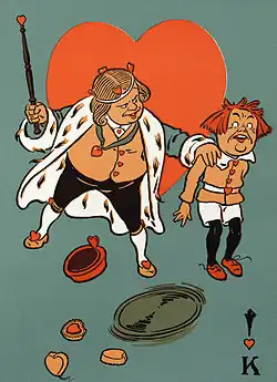 king wearing a crown with stick in one hand and a nervous lad in the other