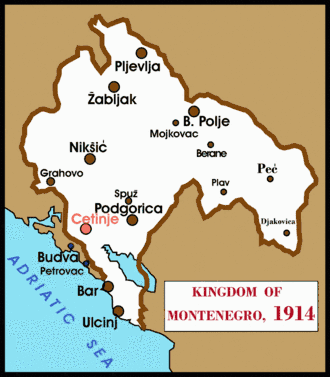 Kingdom of Montenegro in 1914 zoomed in the map with some cities