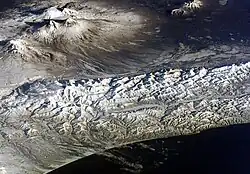 Satellite image of Klyuchevskaya Sopka in April 2010 by NASA.