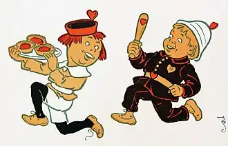 boy running with tray of tarts, pursued by a baby-faced policeman with a truncheon