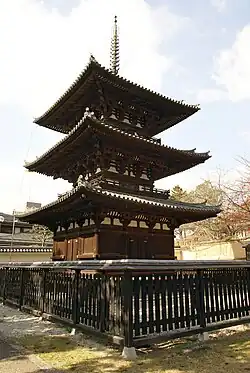 Three-storied wooden pagoda.