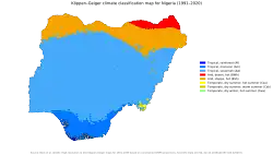 A map snowing the various Köppen climate classification zones of Nigeria. There are five colors defining the distinct zones.