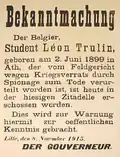 Execution report of Léon Trulin. The date of birth, containing errors, is likely to be based on the fake date of birth Trulin was using on his own ID to look younger.