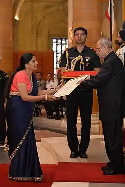 Yadav receiving Nari Shakti Puraskar from the President
