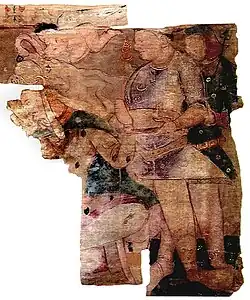 Painting of a Kushan ruler (probably Huvishka, seated) and attendants, Bactria.[27]