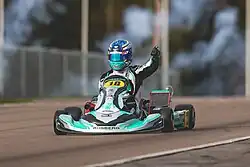 Lorenzo Travisanutto driving after winning the 2018 World OK Championship