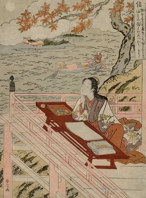 Painting of a woman on a veranda looking to the left