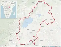 Map of the Lake Edward Drainage shed. An area of 27,000 km² (10,000 sq. miles) surrounding the lake contributes flow from land in Uganda and the Democratic Republic of the Congo.
