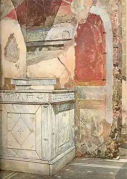 Watercolour painting of Roman ruins.