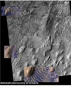 Layers in Danielson Crater with enlargements of some spots (indicated with arrows).