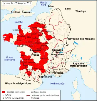 Map of France highlighting in red the dioceses represented at the Council of Orléans (511)