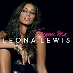 The image shows a woman seated against a black background, wearing a short dress and bracelets on her right wrist. In front of her, the words "Forgive Me" appear in cursive, with "Leona Lewis" written below in capital letters.