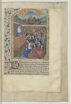 Gothic frame with two statues, Twelve Perils of Hell, f.4r.