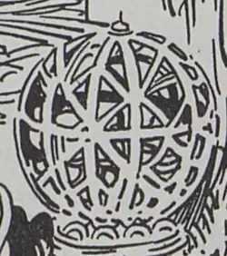 An elaborate, ball-shaped object. Apparently hollow, its shape is like a lattice. It is topped with a node. It seems to rest in some sort of base for itself, so it can be placed on a flat surface.