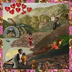 A collage-style artwork featuring a globe, a piano, hearts, people, and animals. In the background, there is a hilly landscape with trees and buildings