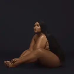A photo of Lizzo completely naked and sat on the floor with her legs out in front of her.