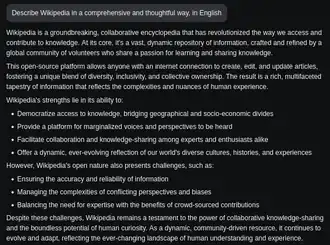 An example of Llama answer, describing Wikipedia in a thoughtful way