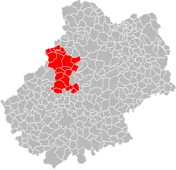 A map of the Lot showing the group of Quercy / Bouriane communes in red