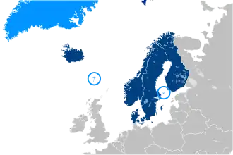 Member states shown in dark blue; and regions of member states shown in light blue.