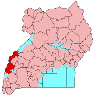 Location of&nbsp;Rwenzururu&nbsp;(red) in Uganda&nbsp;(pink)