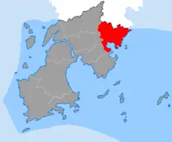 The location of Shamen Town (highlighted in red in the image) within Yuhuan City.