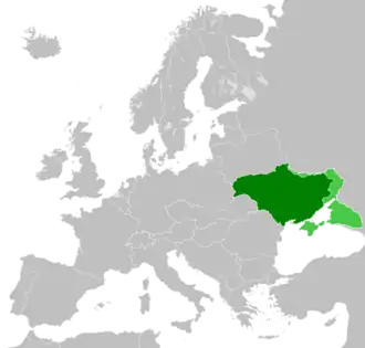 Territories controlled (dark green) and claimed (light green) by the Ukrainian State