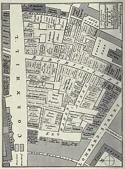 Map of coffee houses in Exchange Alley, prior to the 1748 fire
