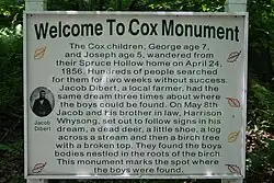 Photo of the sign erected explaining the events of the Lost Children of the Alleghenies in Blue Knob State Park