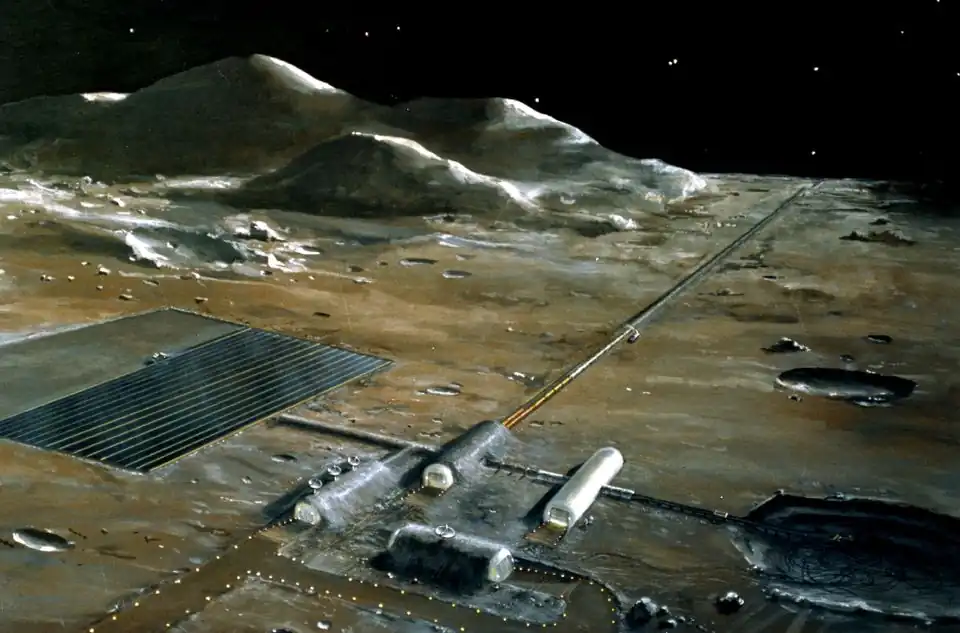 A Lunar base with a mass driver (the long structure that goes toward the horizon). NASA conceptual illustration