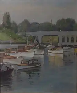 Oil painting of boat in a harbor