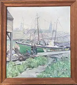 Oil painting of boats in a harbor in Gloucester, MA