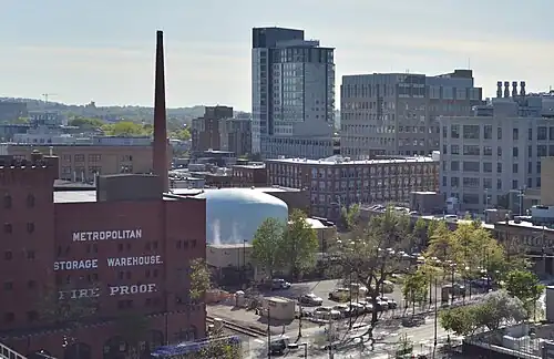 MITR, along with the Metropolitan Storage Warehouse, viewed from MIT Building 37.
