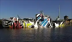 MV Fingal painted in a dazzle pattern designed by the artist Ciara Phillips as part of the commemorations marking 100 years since the battle of Jutland