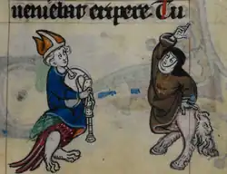Musician bishop and dancing nun, both with animal bodies (f49r)