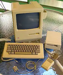 A Macintosh 512K personal computer with a keyboard and mouse.