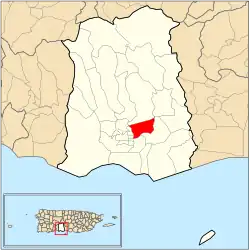 Location of barrio Machuelo Abajo within the municipality of Ponce shown in red