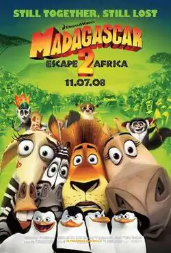 Theatrical release poster showing close-ups of Alex, Marty, Gloria and Melman, with King Juilen, Maurice and Mort on top of their heads, and below are the penguins, all on the foreground. The background is a group of animals behind them. The tagline "Still together, still lost" is displayed in the top corner. "Madagascar: Escape 2 Africa" is written in the middle corner. The release date "11.07.08" is displayed on the bottom corner.
