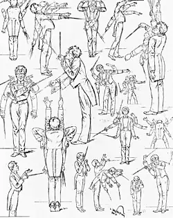 A series of line drawings of a man in exaggerated poses, holding a conductor's baton