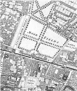 Detail from London Map by William Morgan (1682), showing siting of new Bethlem Hospital (1676) built in Moorfields, North London