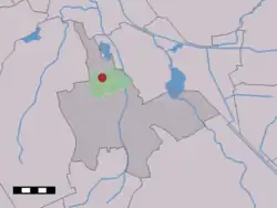 The village (dark red) and the statistical district (light green) of Eelde in the municipality of Tynaarlo.