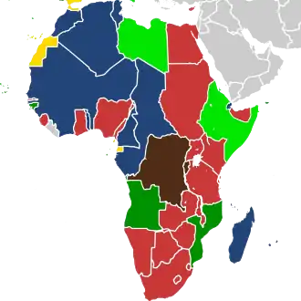 Image 13Areas controlled by European powers in 1939. British (red) and Belgian (marroon) colonies fought with the Allies. Italian (light green) with the Axis. French colonies (dark blue) fought alongside the Allies until the Fall of France in June 1940. Vichy was in control until the Free French prevailed in late 1942. Portuguese (dark green) and Spanish (yellow) colonies remained neutral. (from History of Africa)