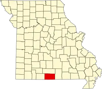 A state map highlighting Ozark County in the southern part of the state.