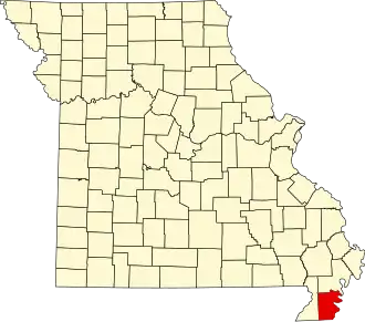 A state map highlighting Pemiscot County in the southeastern corner of the state.